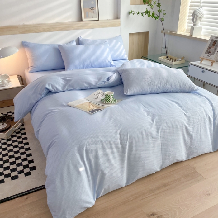 91家纺网 家纺一手货源 找家纺 慕澄家纺 2022新款华夫格简约款泡泡四件套 天空蓝