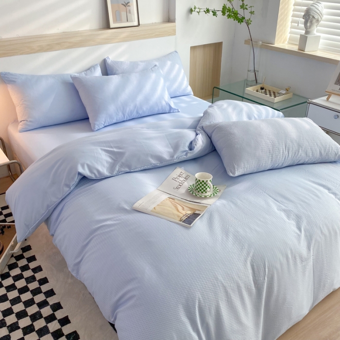 91家纺网 家纺一手货源 找家纺 慕澄家纺 2022新款华夫格简约款泡泡四件套 天空蓝