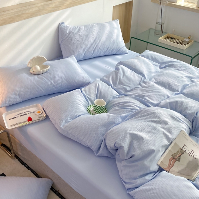 91家纺网 家纺一手货源 找家纺 慕澄家纺 2022新款华夫格简约款泡泡四件套 天空蓝