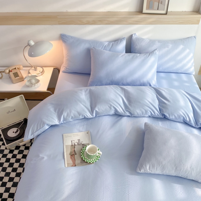 91家纺网 家纺一手货源 找家纺 慕澄家纺 2022新款华夫格简约款泡泡四件套 天空蓝