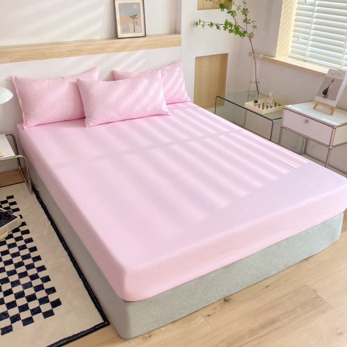 91家纺网 家纺一手货源 找家纺 慕澄家纺 2022新款华夫格简约款泡泡四件套 樱花粉