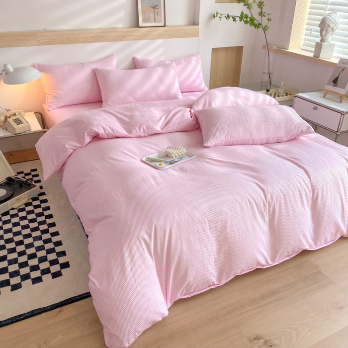 91家纺网 家纺一手货源 找家纺 慕澄家纺 2022新款华夫格简约款泡泡四件套 樱花粉