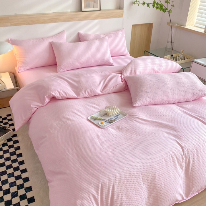 91家纺网 家纺一手货源 找家纺 慕澄家纺 2022新款华夫格简约款泡泡四件套 樱花粉