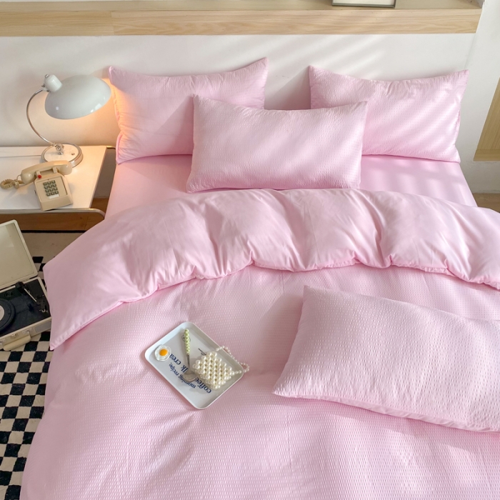 91家纺网 家纺一手货源 找家纺 慕澄家纺 2022新款华夫格简约款泡泡四件套 樱花粉