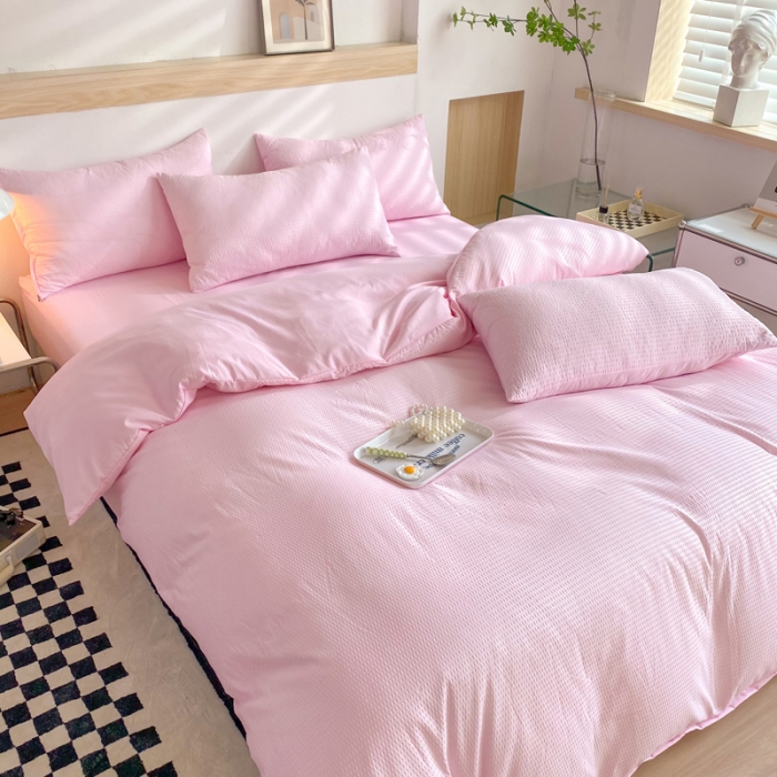 91家纺网 家纺一手货源 找家纺 慕澄家纺 2022新款华夫格简约款泡泡四件套 樱花粉