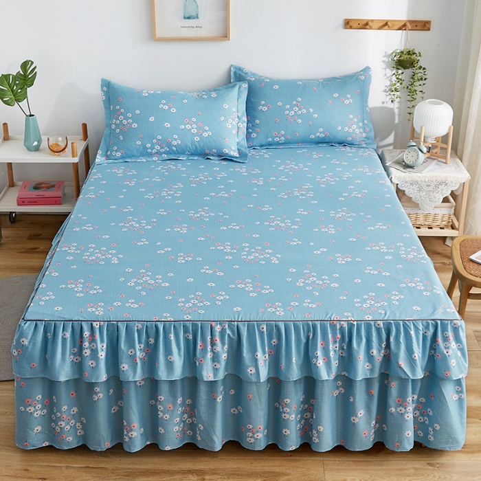 91家纺网 家纺一手货源 找家纺 代芙 2022新款加厚磨毛双边床裙单品三件套 繁花点点