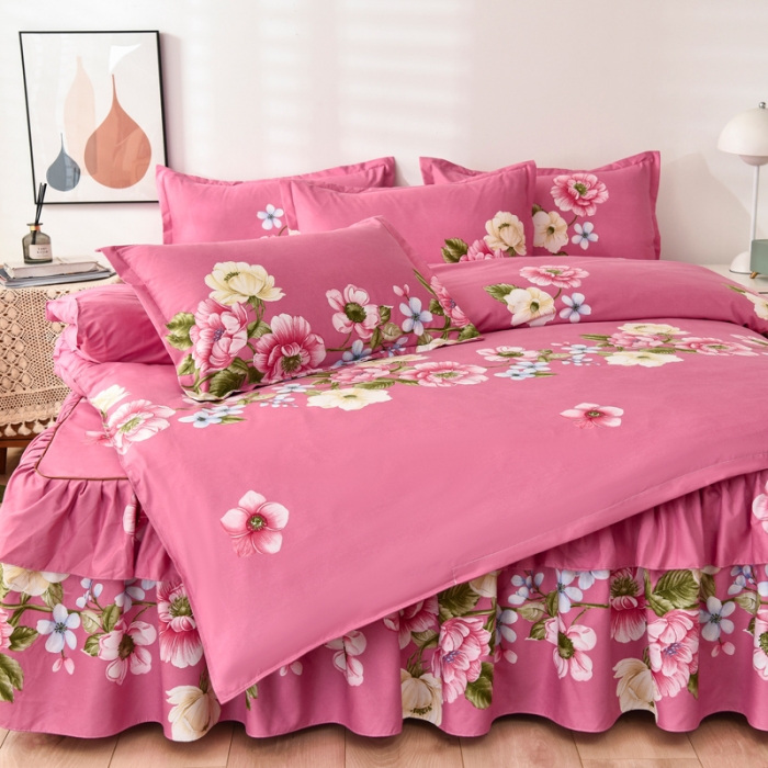 91家纺网 家纺一手货源 找家纺 代芙 2022新款加厚磨毛双边床裙四件套 爱莎花园