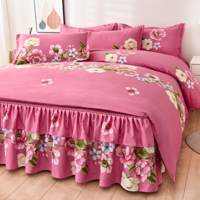 91家纺网 家纺一手货源 找家纺 代芙 2022新款加厚磨毛双边床裙四件套 爱莎花园