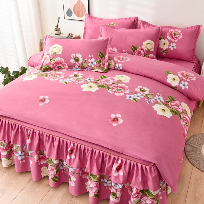 91家纺网 家纺一手货源 找家纺 代芙 2022新款加厚磨毛双边床裙四件套 爱莎花园