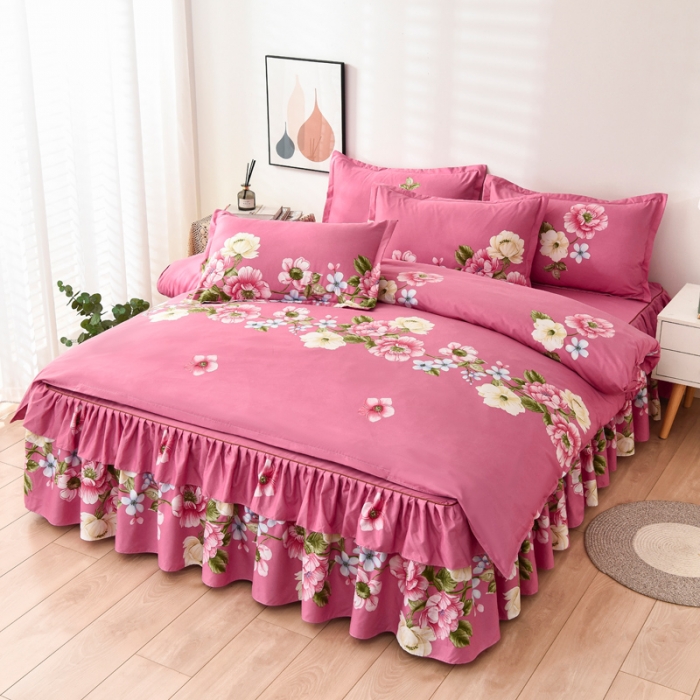 91家纺网 家纺一手货源 找家纺 代芙 2022新款加厚磨毛双边床裙四件套 爱莎花园