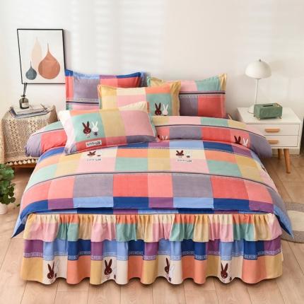 91家纺网 家纺一手货源 找家纺 代芙 2022新款加厚磨毛双边床裙四件套 彩格兔