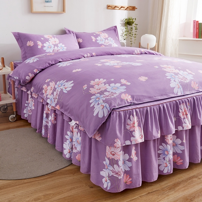 91家纺网 家纺一手货源 找家纺 代芙 2022新款加厚磨毛双边床裙四件套 花季飘香