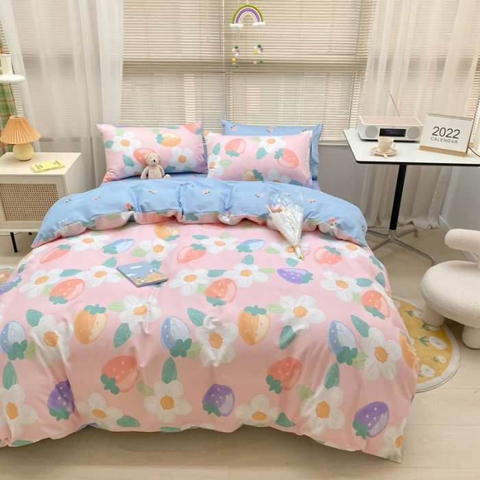 91家纺网 家纺一手货源 找家纺 金丝鸟家纺 2022新款全棉四件套 奶油草莓-粉