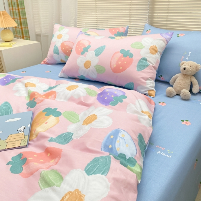 91家纺网 家纺一手货源 找家纺 金丝鸟家纺 2022新款全棉四件套 奶油草莓-粉