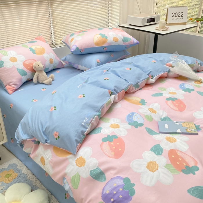 91家纺网 家纺一手货源 找家纺 金丝鸟家纺 2022新款全棉四件套 奶油草莓-粉