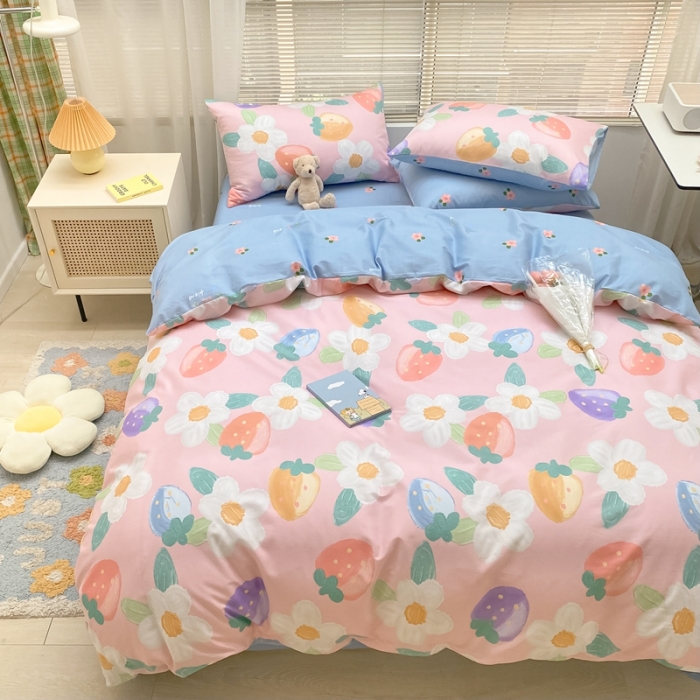 91家纺网 家纺一手货源 找家纺 金丝鸟家纺 2022新款全棉四件套 奶油草莓-粉