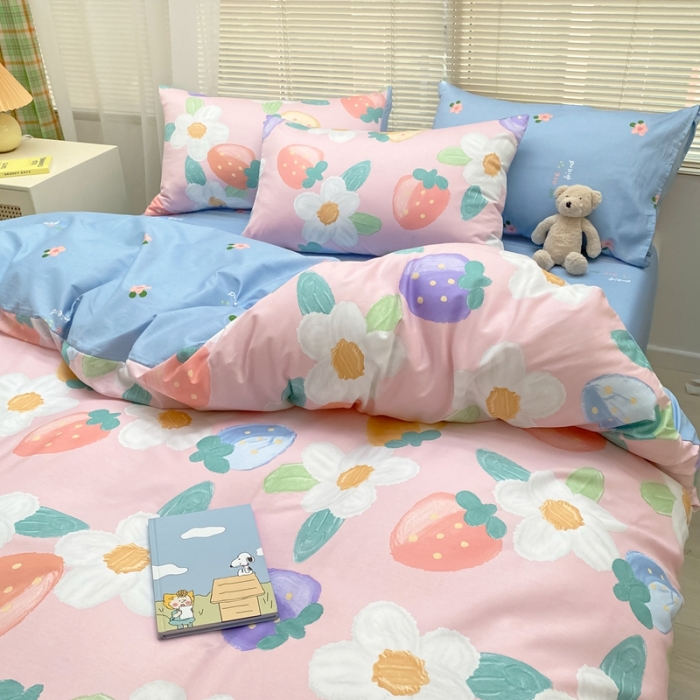 91家纺网 家纺一手货源 找家纺 金丝鸟家纺 2022新款全棉四件套 奶油草莓-粉