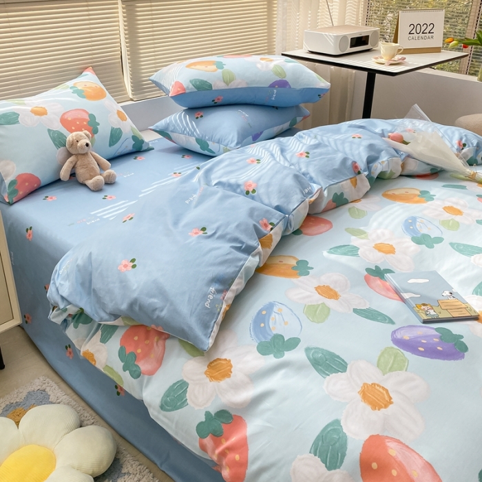 91家纺网 家纺一手货源 找家纺 金丝鸟家纺 2022新款全棉四件套 奶油草莓-蓝