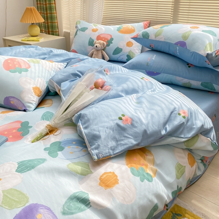 91家纺网 家纺一手货源 找家纺 金丝鸟家纺 2022新款全棉四件套 奶油草莓-蓝