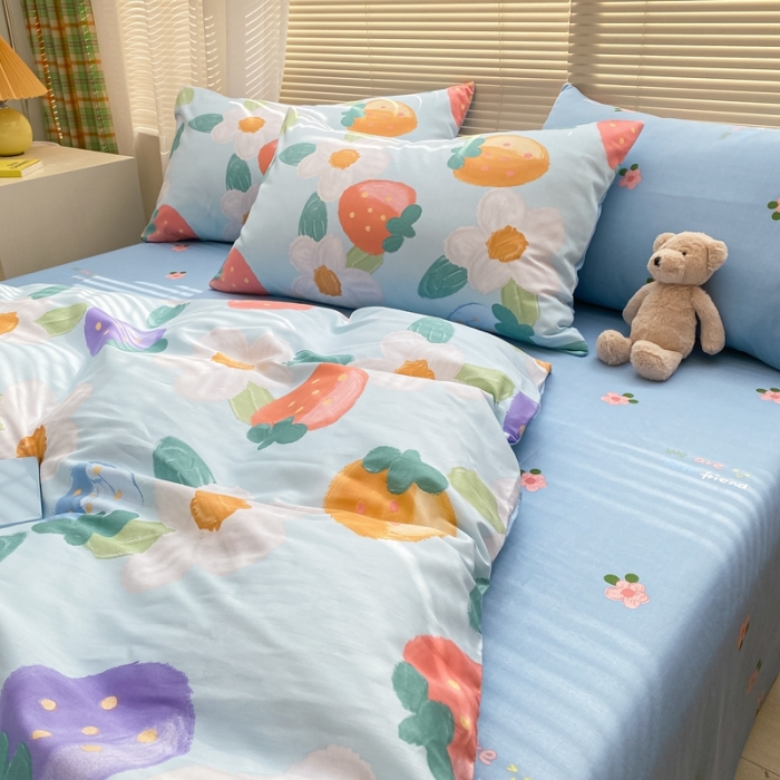 91家纺网 家纺一手货源 找家纺 金丝鸟家纺 2022新款全棉四件套 奶油草莓-蓝