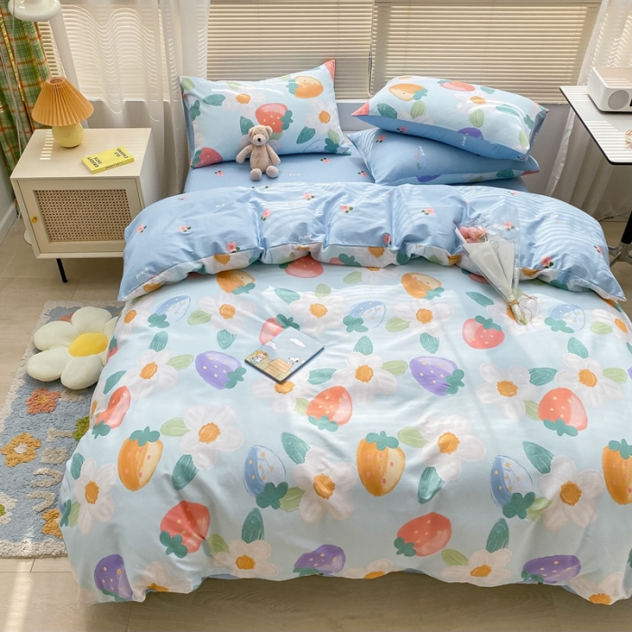 91家纺网 家纺一手货源 找家纺 金丝鸟家纺 2022新款全棉四件套 奶油草莓-蓝