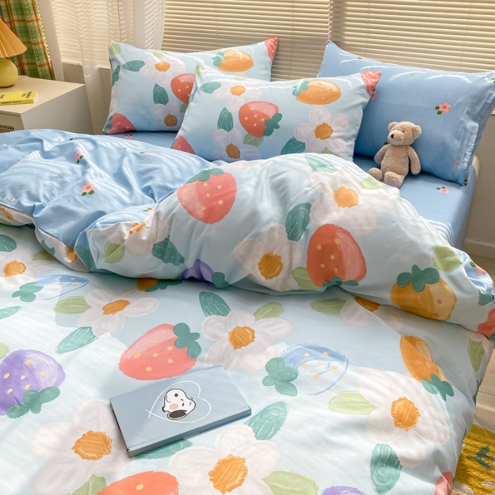 91家纺网 家纺一手货源 找家纺 金丝鸟家纺 2022新款全棉四件套 奶油草莓-蓝