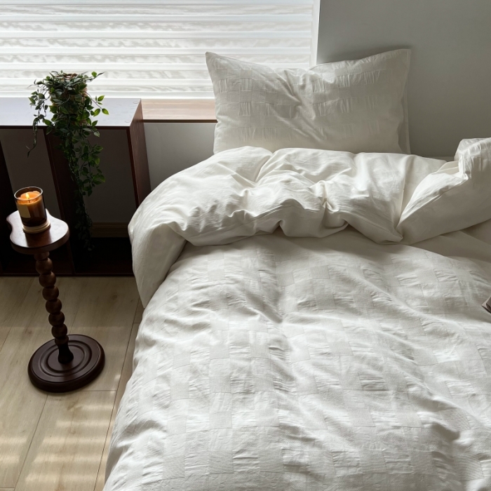 91家纺网 家纺一手货源 找家纺 （总）安莱生活 2022新款棋盘格不染原棉四件套-手机实拍