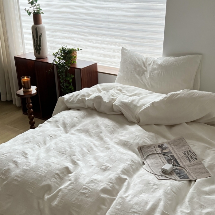 91家纺网 家纺一手货源 找家纺 （总）安莱生活 2022新款棋盘格不染原棉四件套-手机实拍