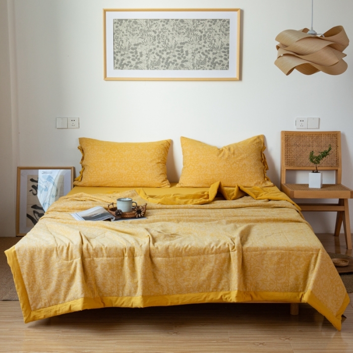 91家纺网 家纺一手货源 找家纺 安莱生活 2022新款高端双层纱华夫格色织大提花夏被 华夫格姜黄