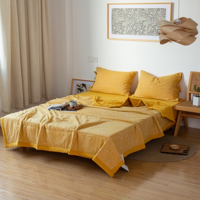 91家纺网 家纺一手货源 找家纺 安莱生活 2022新款高端双层纱华夫格色织大提花夏被 华夫格姜黄