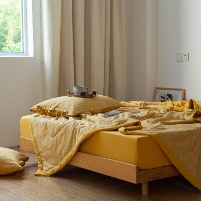 91家纺网 家纺一手货源 找家纺 安莱生活 2022新款高端双层纱华夫格色织大提花夏被 华夫格姜黄