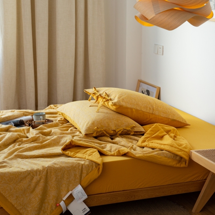 91家纺网 家纺一手货源 找家纺 安莱生活 2022新款高端双层纱华夫格色织大提花夏被 华夫格姜黄