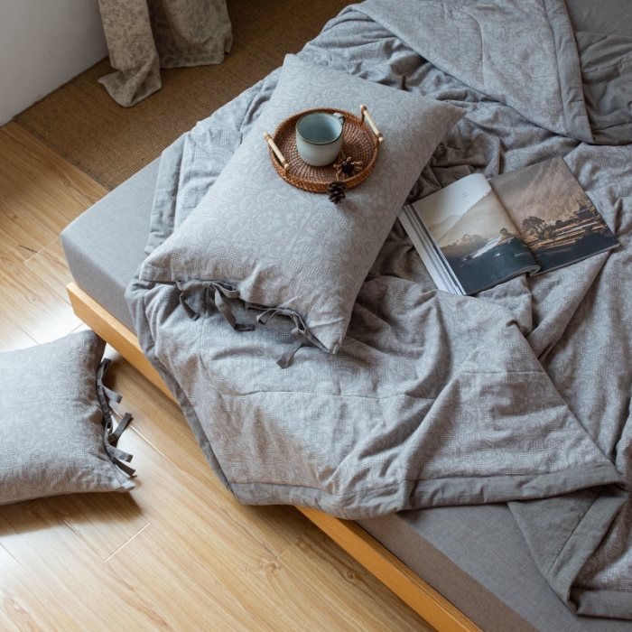 91家纺网 家纺一手货源 找家纺 安莱生活 2022新款高端双层纱华夫格色织大提花夏被 华夫格浅灰