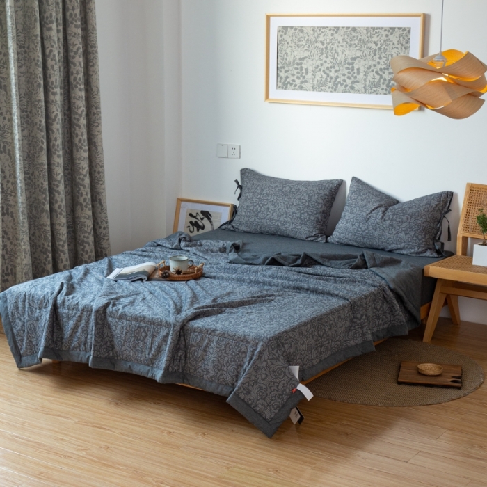 91家纺网 家纺一手货源 找家纺 安莱生活 2022新款高端双层纱华夫格色织大提花夏被 华夫格深灰