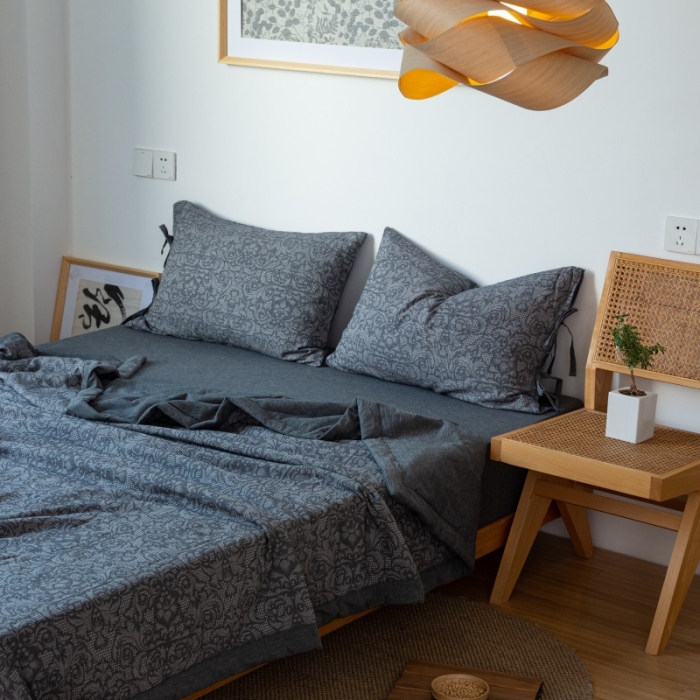 91家纺网 家纺一手货源 找家纺 安莱生活 2022新款高端双层纱华夫格色织大提花夏被 华夫格深灰