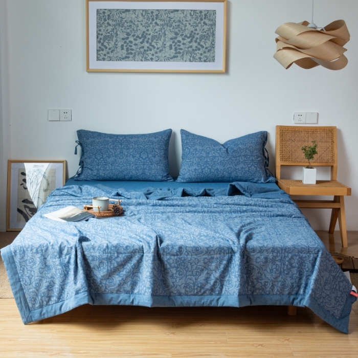 91家纺网 家纺一手货源 找家纺 安莱生活 2022新款高端双层纱华夫格色织大提花夏被 华夫格深蓝