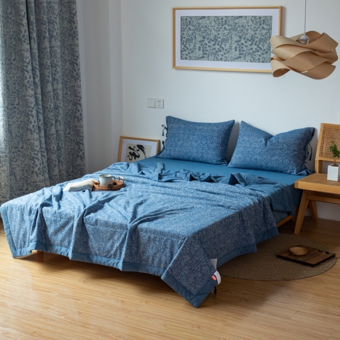 91家纺网 家纺一手货源 找家纺 安莱生活 2022新款高端双层纱华夫格色织大提花夏被 华夫格深蓝