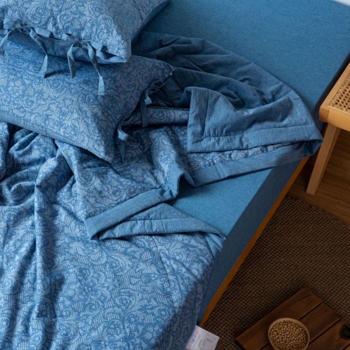 91家纺网 家纺一手货源 找家纺 安莱生活 2022新款高端双层纱华夫格色织大提花夏被 华夫格深蓝