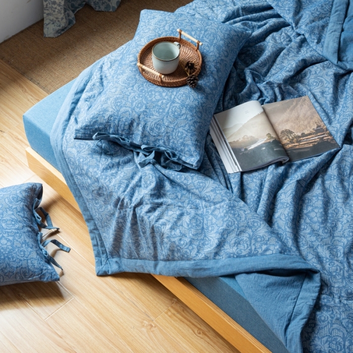 91家纺网 家纺一手货源 找家纺 安莱生活 2022新款高端双层纱华夫格色织大提花夏被 华夫格深蓝