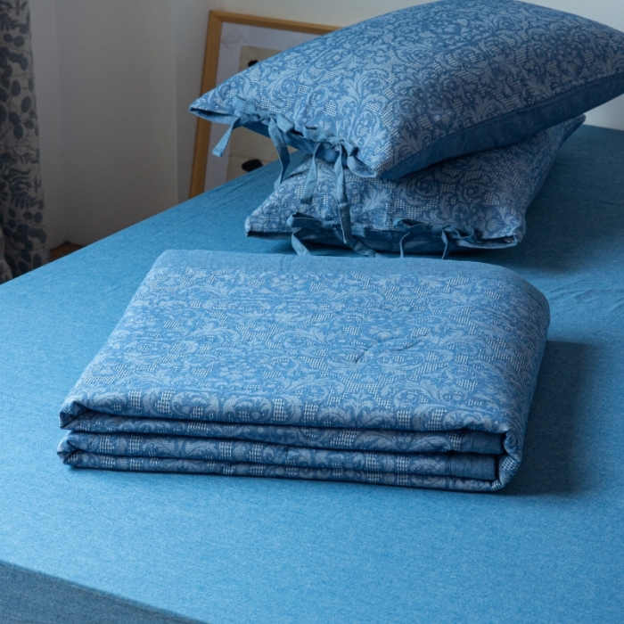 91家纺网 家纺一手货源 找家纺 安莱生活 2022新款高端双层纱华夫格色织大提花夏被 华夫格深蓝