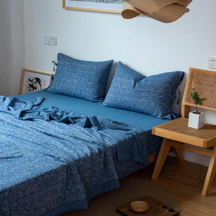 91家纺网 家纺一手货源 找家纺 安莱生活 2022新款高端双层纱华夫格色织大提花夏被 华夫格深蓝