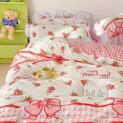 91家纺网 家纺一手货源 找家纺 花伞 2021新韩版花边植物羊绒加厚磨毛印花四件套 玫瑰小格