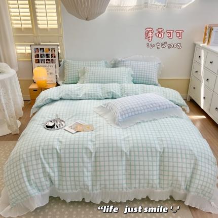 91家纺网 家纺一手货源 找家纺 总顾里 2022新款全棉13372韩系奶油格子雪纺花边四件套