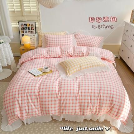 91家纺网 家纺一手货源 找家纺 总顾里 2022新款全棉13372韩系奶油格子雪纺花边四件套