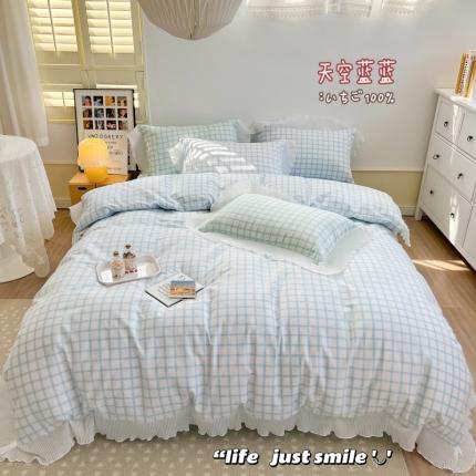 91家纺网 家纺一手货源 找家纺 总顾里 2022新款全棉13372韩系奶油格子雪纺花边四件套