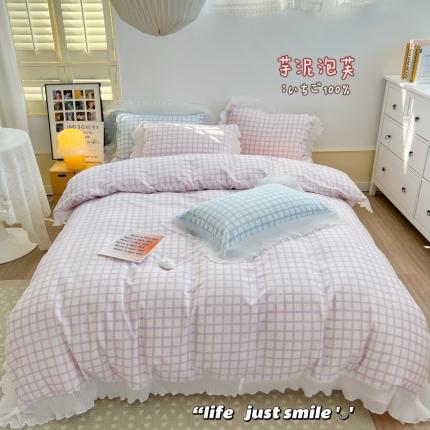 91家纺网 家纺一手货源 找家纺 总顾里 2022新款全棉13372韩系奶油格子雪纺花边四件套