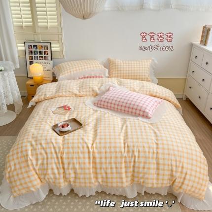 91家纺网 家纺一手货源 找家纺 总顾里 2022新款全棉13372韩系奶油格子雪纺花边四件套