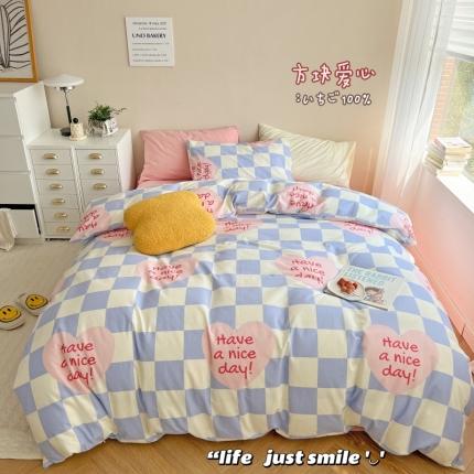 91家纺网 家纺一手货源 找家纺 顾里 2022新款韩系奶油混搭全棉水洗棉四件套 方块爱心