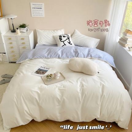 91家纺网 家纺一手货源 找家纺 顾里 2022新款韩系奶油混搭全棉水洗棉四件套 海蓝牛乳