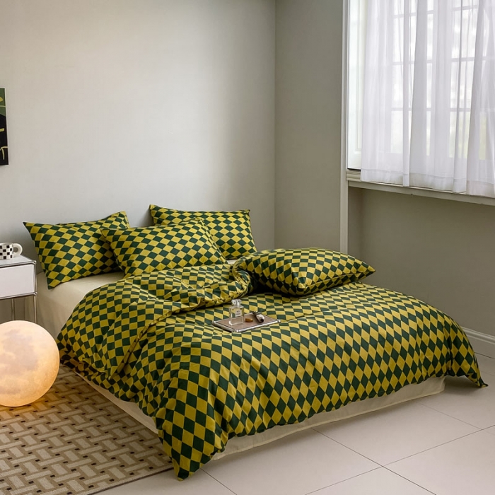 91家纺网 家纺一手货源 找家纺 艾沁 2022新款全棉简约风四件套 菱格-绿